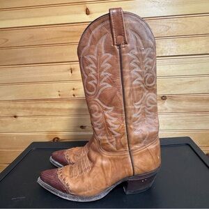 J Chisholm Tan & Brown Stitched Leather Men’s Cowboy Boots USA Made Size 7.5D